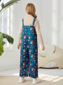 Elenapugger Tween Girl 1pc Cartoon Graphic Overall Jumpsuit Without Sweater