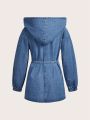 Waterfall Collar Denim Coat With Belt