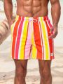 Manfinity Men's Drawstring Waist Color Block Striped Printed Beach Shorts