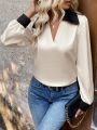 Women'S Contrast Color Lapel Collar Long Sleeve Shirt