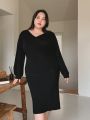 Dazy Plus Plus Size V-neck Long Sleeve Dress