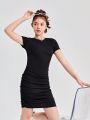 SHEIN Teen Girls' Slim Fit Knit Ribbed Ruched Dress With Round Neckline