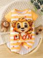 Short Sleeve Baby Boy Cute Lion And Stripes Pattern Romper With Shorts