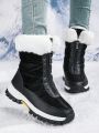 Black Zipper Mid-calf Boots With Warm Lining, Suitable For Outdoor Hiking