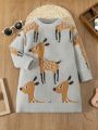 Girls' Cartoon Deer Design Warm Sweater Dress For Fall And Winter