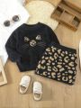 Baby Girls' Comfortable Leopard Print Short Skirt And Sweater Suit In Winter