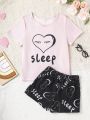 Teens' Simple Love Heart & Letter Printed Short Sleeve Top And Shorts Homewear Set For Girls