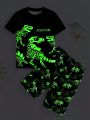 SHEIN Tween Boy Snug Fit  Casual Fluorescent Dinosaur Round Neck Short Sleeve T-Shirt And Shorts Homewear 2pcs/Set