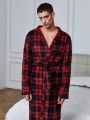 Men's Loose Plaid Flannel Bathrobe, Lounge Wear