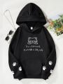 Teenage Girls' Cartoon Cat And Slogan Print 3d Ear Hoodie