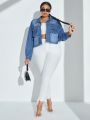 SHEIN SXY Plus Size Short Denim Jacket With Zipper & Pocket Design And Fringe Hem