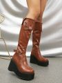 Western Cowgirl Knee High Platform Chunky Heel Riding Boots For Women