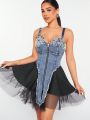 XAX Contrast Color Mesh Panel & Pearl Decorated Denim Cami Dress