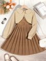 SHEIN Tween Girl Solid Jacket & Pleated Hem Dress