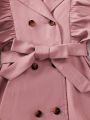 SHEIN Tween Girl Ruffle Trim Double Breasted Flounce Sleeve Belted Trench Coat