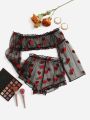 Heart Embroidery Mesh Lingerie Set