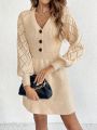 SHEIN Frenchy Women's V-neck Button Up Lantern Sleeve Knitting Sweater Dress