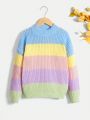SHEIN Tween Girls' Striped Stand Collar Sweater With Color Block Design