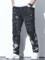 Men Plus Splash Ink Print Ripped Frayed Jeans