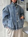 FRIFUL Women's Horn Button Drop-Shoulder Long Sleeve Denim Jacket