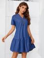 SHEIN LUNE Women's Denim Dress With Ruffle Hem And Notched Collar
