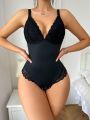 Spaghetti Strap Triangle Lace Insert Bodysuit For Shaping