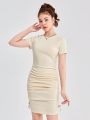 SHEIN Teen Girls' Slim Fit Knit Ribbed Ruched Dress With Round Neckline