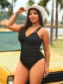 SHEIN Swim Curve Women's Plus Size Solid Color Ruched One Piece Swimsuit