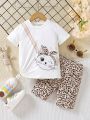 SHEIN Kids QTFun Young Girl Cartoon Graphic Tee & Leopard Print Shorts