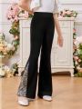 SHEIN Kids CHARMNG Tween Girls' Knitted Contrast Sequin Fashionable Casual Bell-Bottom Pants