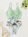 Teenage Girl's Tropical Print Patchwork Hollow Out One Piece Swimsuit