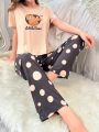 Bear And English Letter Printing Short Sleeve Top & Long Pant Women's Homewear Set