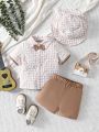 Baby Boy Butterfly Bowtie Gingham Short Sleeve Shirt, Shorts And Hat Outfit Set
