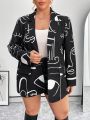 SHEIN Privé Plus Size Women's Eyelash Print Blazer Jacket