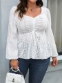 Plus Size Mesh Knitted Drawstring Long Sleeve Shirt