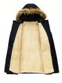 Men Plus Flap Pocket Fuzzy Trim Hooded Winter Coat