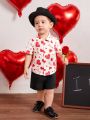 SHEIN Baby Boys' Gentleman Outfits, Heart Pattern Casual Shirt, Solid Color Vest, Shorts, 3pcs/set