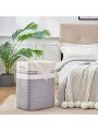 Laundry Basket, Rectangle Laundry Hamper,Tall Cotton Storage Basket with Handles,Collapsible Large Basket for Clothes,Decorative Blanket Basket for Living room-16.5x12.6x21.6in-Gray
