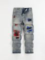 SHEIN Teen Boy Color Block Water Washed Ripped Casual Streetwear Jeans