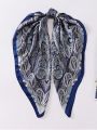 1pc Navy Blue Women's Cashew Print Square Scarf, Silk Headscarf For Daily Wear