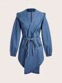 Waterfall Collar Denim Coat With Belt