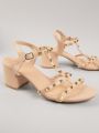 Studded T Strap Low Block Heel Slingback Sandals
