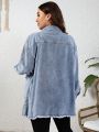 Plus Size Women'S Light Blue Water Wash Raw Edge Denim Jacket