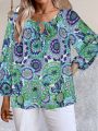 Plus Size Women's Floral Printed Tie Neck Blouse