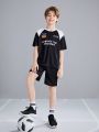 SHEIN Big Boys' Contrasting Letter Print Short-Sleeved T-Shirt Shorts Sportswear Two-Piece Set
