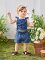 Baby Girls' Denim Top And Shorts With Ruffled Square Neckline