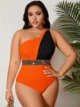SHEIN Swim Vcay Plus Size Women'S Color Block Spaghetti Strap Monokini With Woven Belt