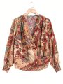 SHEIN LUNE Plus Size Full Printed Long Sleeve Wrap Blouse