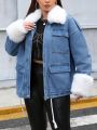 SHEIN ICON Plus Size Fuzzy Collar & Cuff Denim Jacket