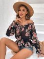 SHEIN VCAY Flower Pattern Off Shoulder Vacation Shirt